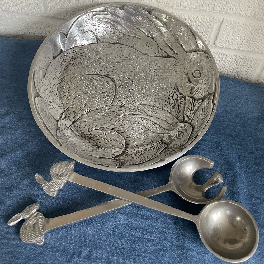 Pewter Bunny Serving Bowl and Utensils